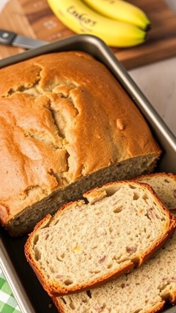 Sliced banana bread in a 9x13 inch pan, showcasing its moist texture, with ripe bananas in the background.
